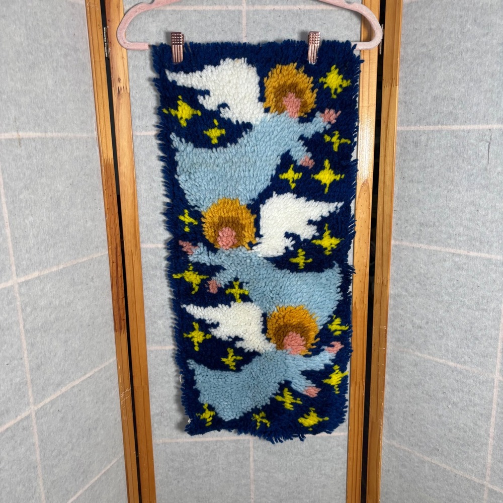 Vintage Wonder Art Christmas Latch Hook Wall Hanging Angels Stars Blue Yellow